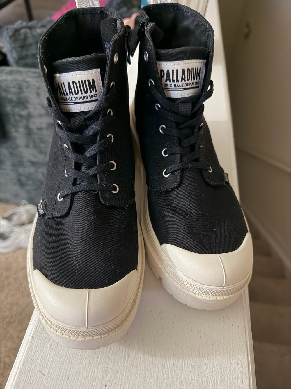 Palladium Black Canvas Boots with Cream Toe and Sole